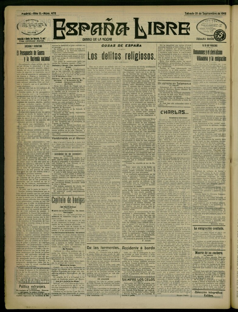 Miniatura de España Libre : Diario de la noche del 21 de septiembre de 1912, nº 472
