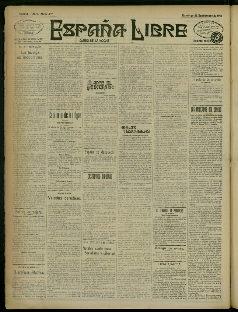 Miniatura de España Libre : Diario de la noche del 22 de septiembre de 1912, nº 473