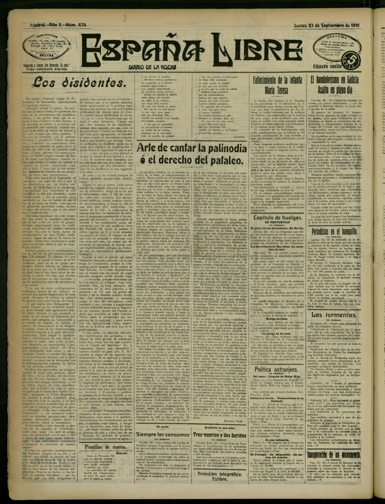Miniatura de España Libre : Diario de la noche del 23 de septiembre de 1912, nº 474