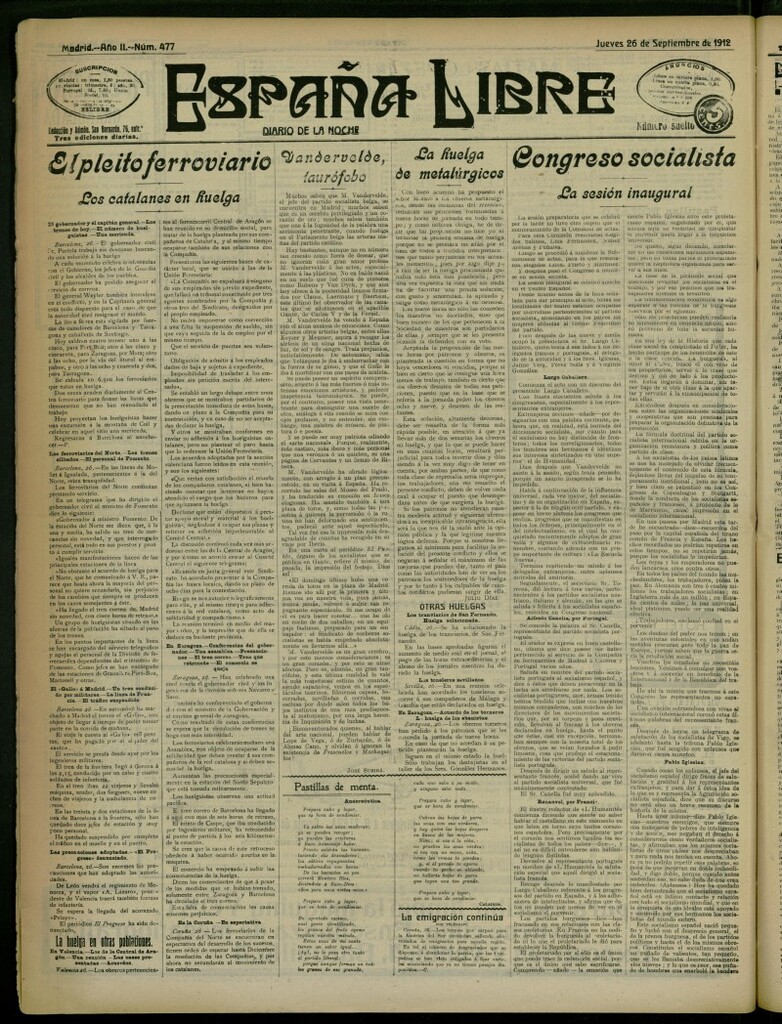 Miniatura de España Libre : Diario de la noche del 26 de septiembre de 1912, nº 477