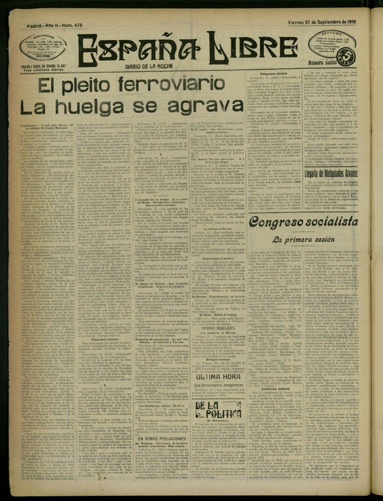 Miniatura de España Libre : Diario de la noche del 27 de septiembre de 1912, nº 478