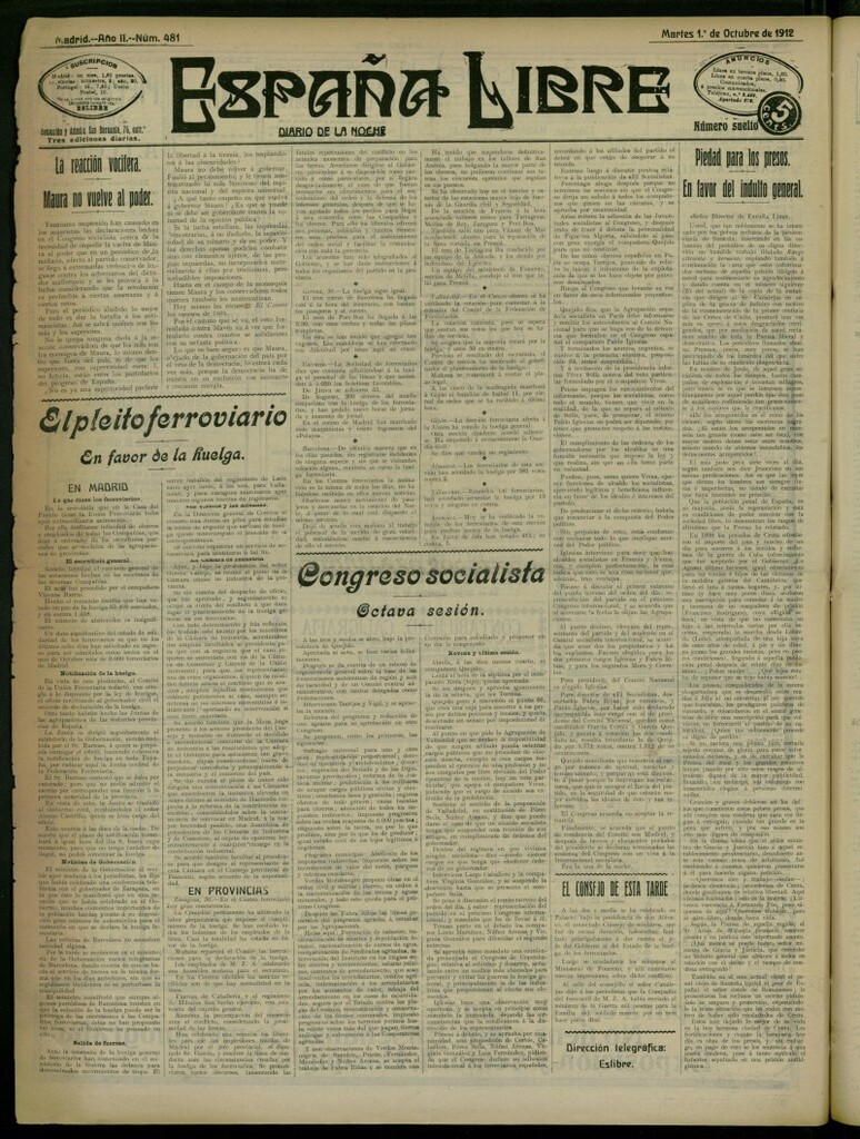 Miniatura de España Libre : Diario de la noche del 1 de octubre de 1912, nº 481