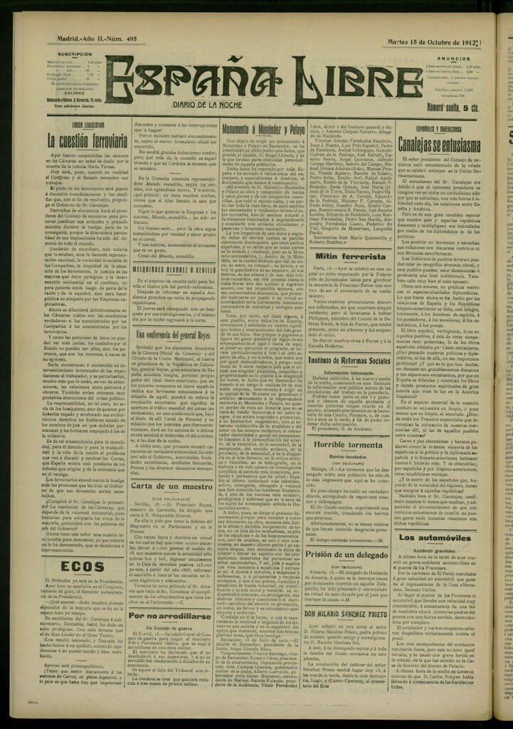 Miniatura de España Libre : Diario de la noche del 15 de octubre de 1912, nº 495