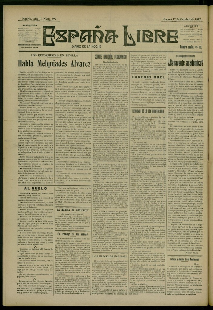 Miniatura de España Libre : Diario de la noche del 17 de octubre de 1912, nº 497
