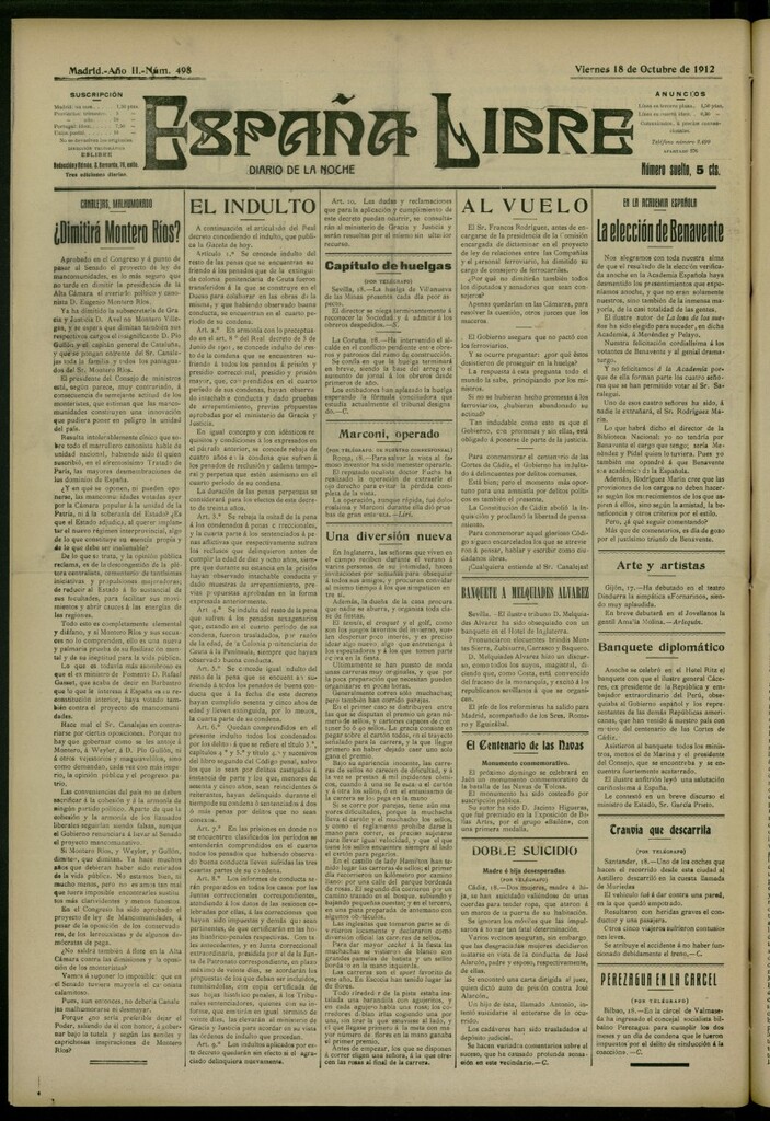 Miniatura de España Libre : Diario de la noche del 18 de octubre de 1912, nº 498