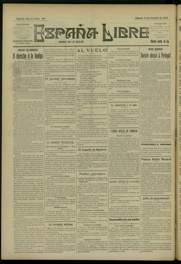 Miniatura de España Libre : Diario de la noche del 19 de octubre de 1912, nº 499