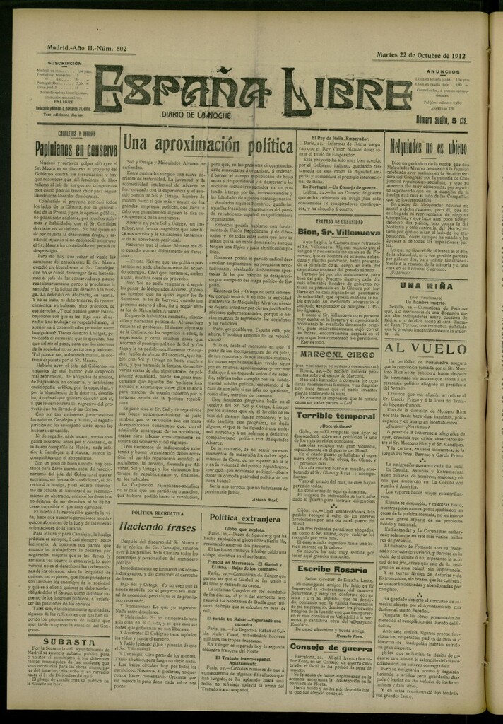 Miniatura de España Libre : Diario de la noche del 22 de octubre de 1912, nº 502
