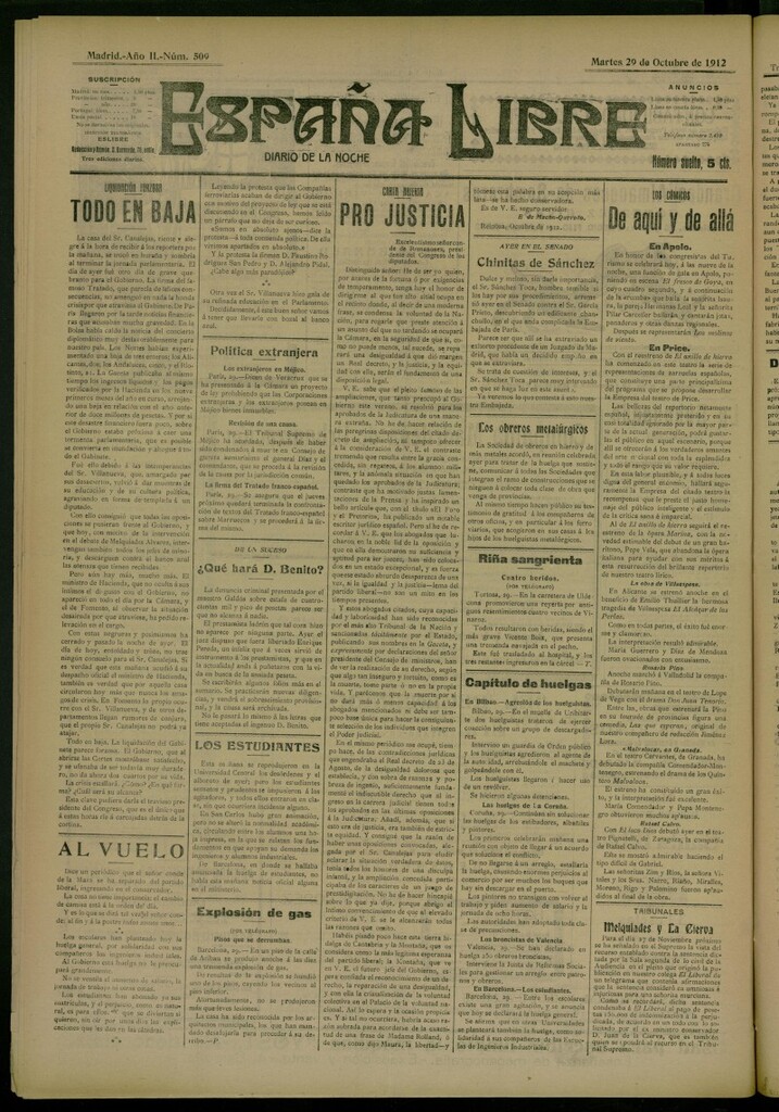 Miniatura de España Libre : Diario de la noche del 29 de octubre de 1912, nº 509