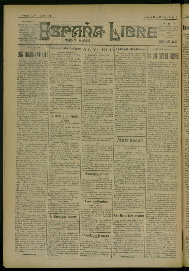 Miniatura de España Libre : Diario de la noche del 31 de octubre de 1912, nº 511
