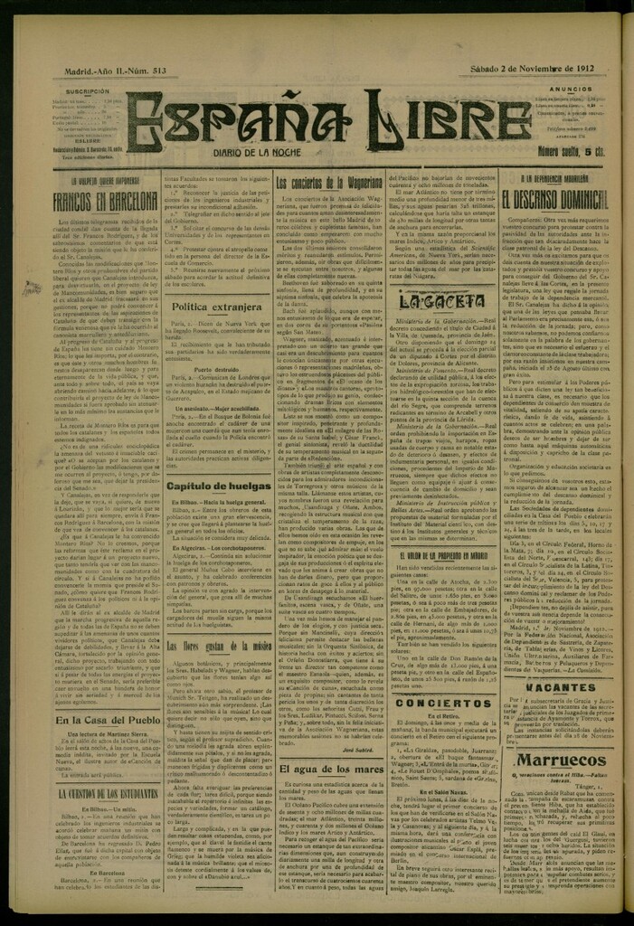 Miniatura de España Libre : Diario de la noche del 2 de noviembre de 1912, nº 513