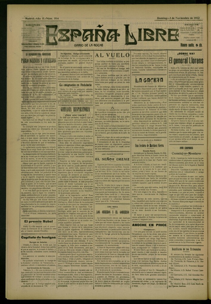 Miniatura de España Libre : Diario de la noche del 3 de noviembre de 1912, nº 514
