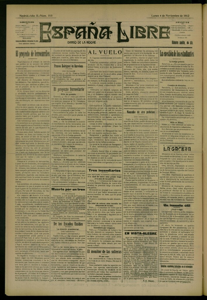 Miniatura de España Libre : Diario de la noche del 4 de noviembre de 1912, nº 515