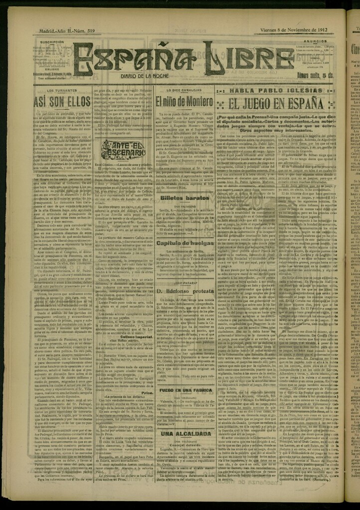 Miniatura de España Libre : Diario de la noche del 8 de noviembre de 1912, nº 519