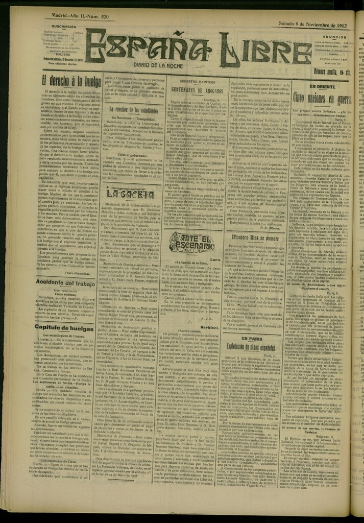 Miniatura de España Libre : Diario de la noche del 9 de noviembre de 1912, nº 520