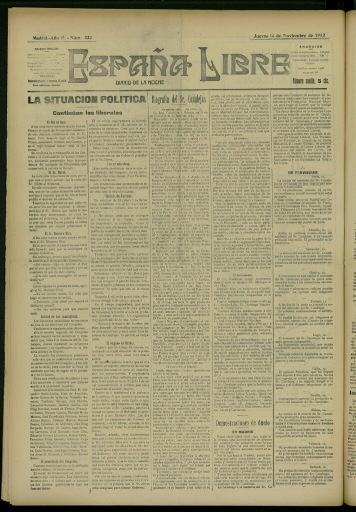 Miniatura de España Libre : Diario de la noche del 14 de noviembre de 1912, nº 523