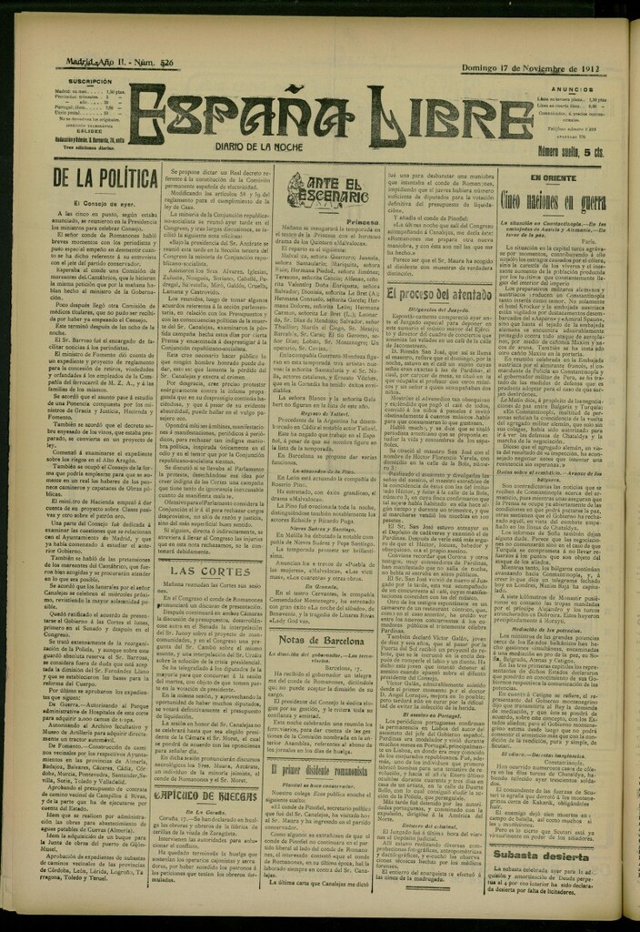 Miniatura de España Libre : Diario de la noche del 17 de noviembre de 1912, nº 526