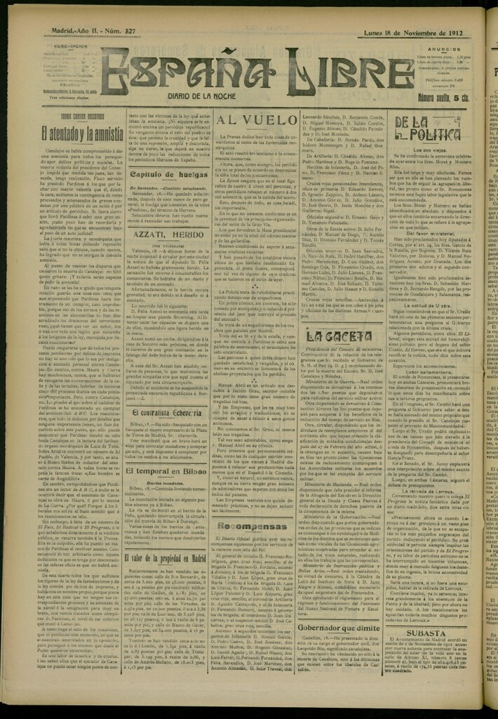 Miniatura de España Libre : Diario de la noche del 18 de noviembre de 1912, nº 527