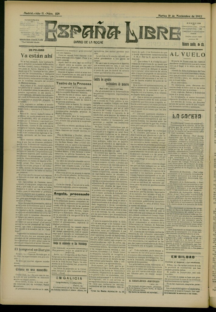 Miniatura de España Libre : Diario de la noche del 19 de noviembre de 1912, nº 528