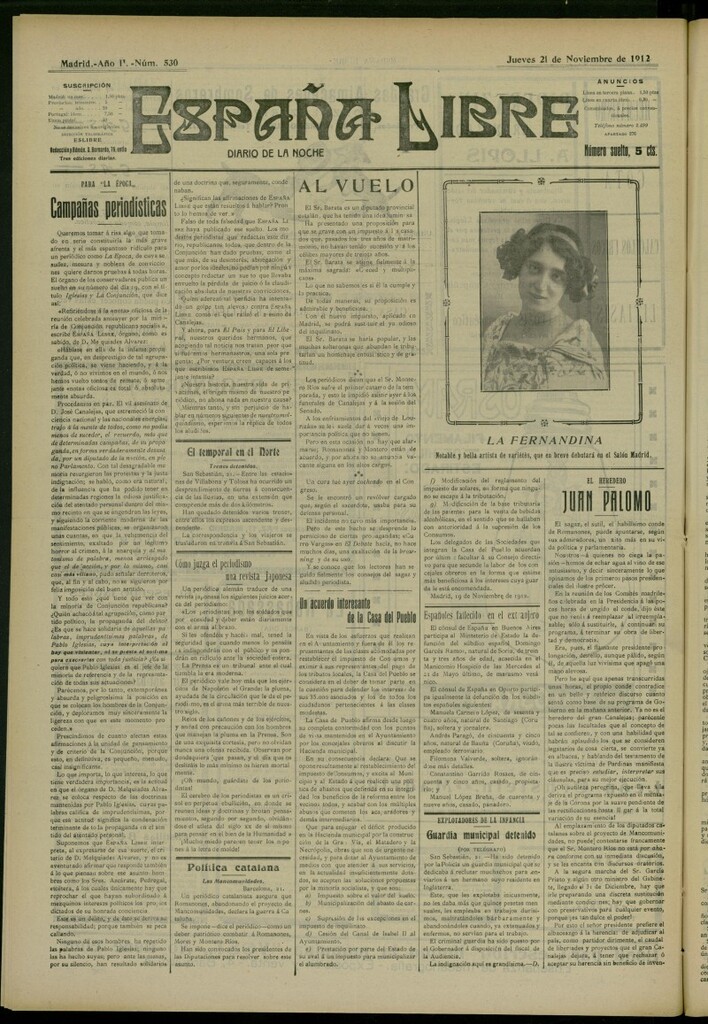 Miniatura de España Libre : Diario de la noche del 21 de noviembre de 1912, nº 530