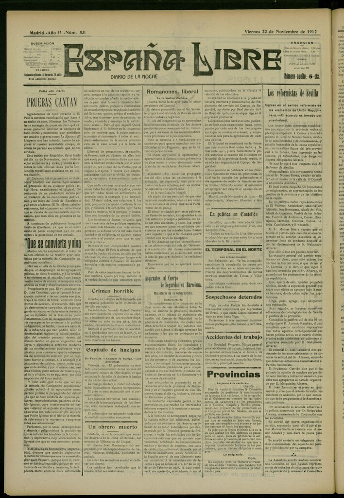 Miniatura de España Libre : Diario de la noche del 22 de noviembre de 1912, nº 531