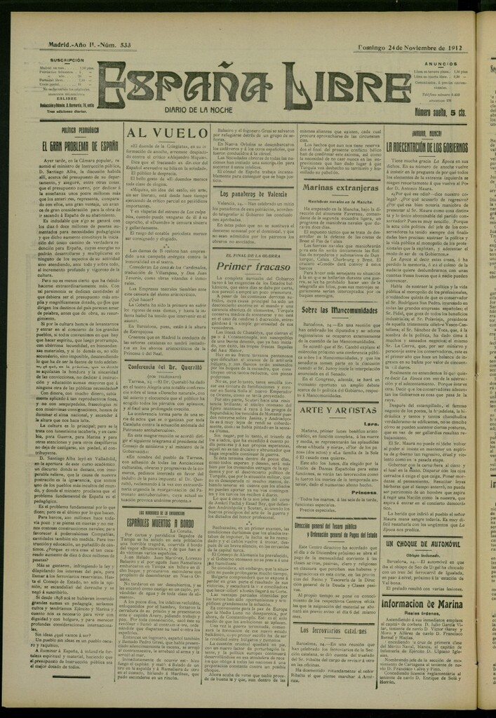 Miniatura de España Libre : Diario de la noche del 24 de noviembre de 1912, nº 533