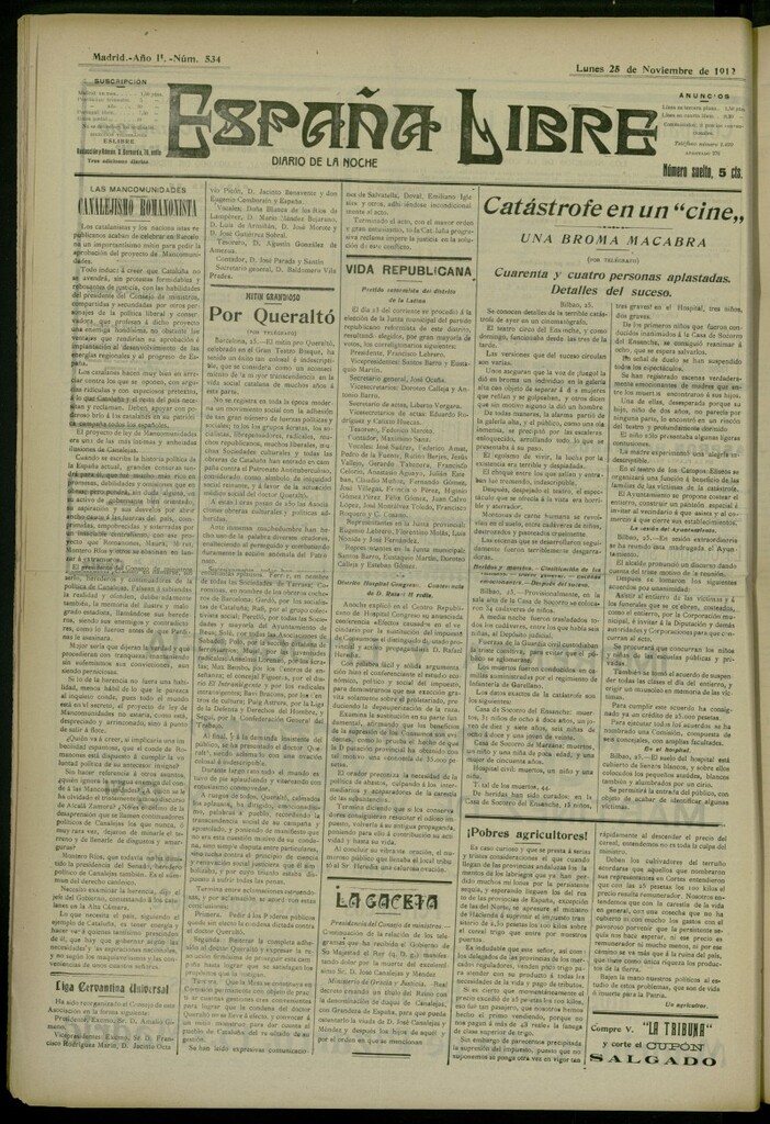 Miniatura de España Libre : Diario de la noche del 25 de noviembre de 1912, nº 534