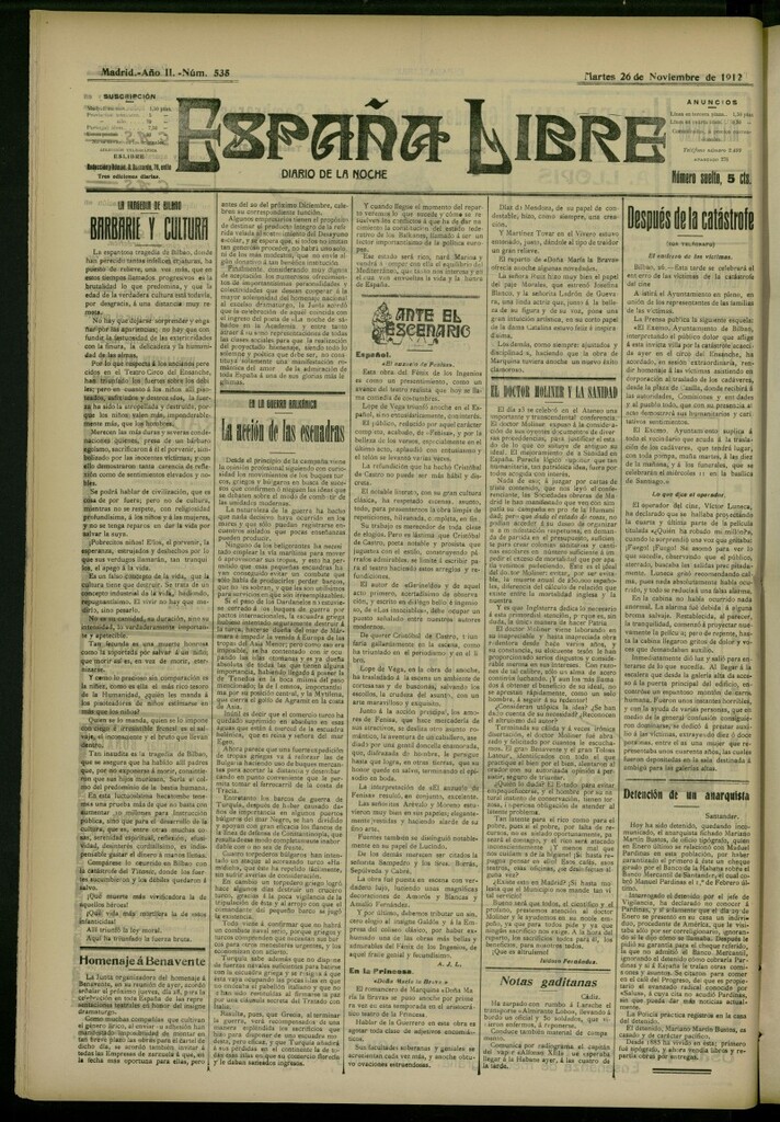 Miniatura de España Libre : Diario de la noche del 26 de noviembre de 1912, nº 535