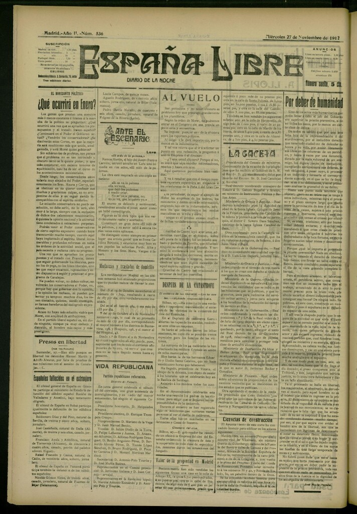 Miniatura de España Libre : Diario de la noche del 27 de noviembre de 1912, nº 536