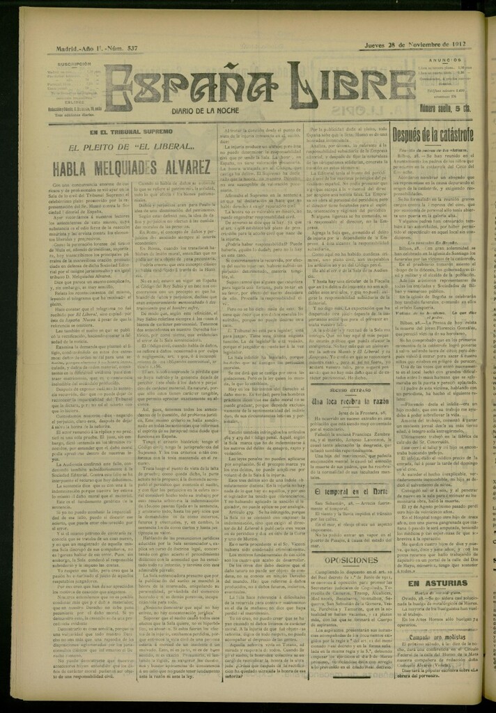 Miniatura de España Libre : Diario de la noche del 28 de noviembre de 1912, nº 537