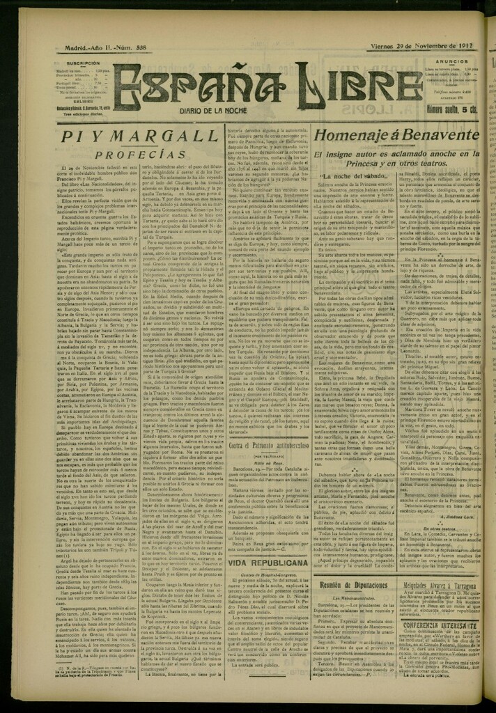 Miniatura de España Libre : Diario de la noche del 29 de noviembre de 1912, nº 538