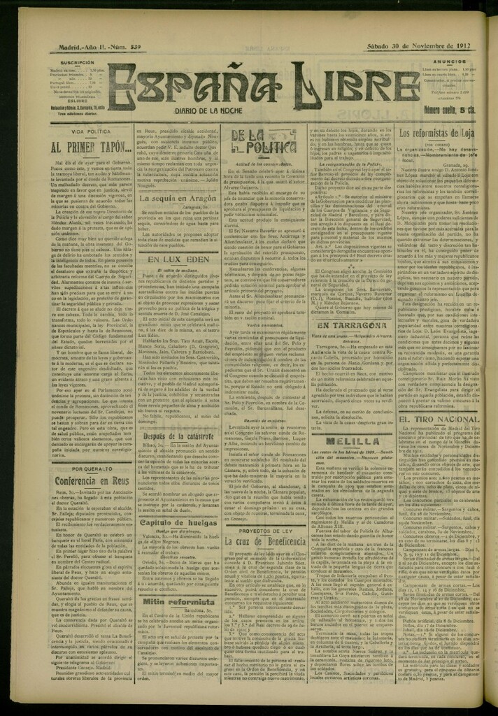 Miniatura de España Libre : Diario de la noche del 30 de noviembre de 1912, nº 539