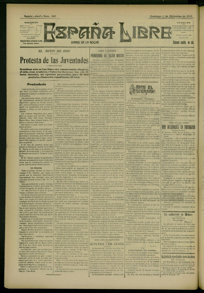 Miniatura de España Libre : Diario de la noche del 1 de diciembre de 1912, nº 540