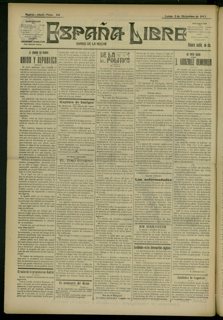 Miniatura de España Libre : Diario de la noche del 2 de diciembre de 1912, nº541