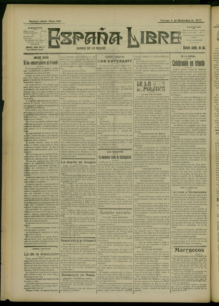 Miniatura de España Libre : Diario de la noche del 6 de diciembre de 1912, nº 545