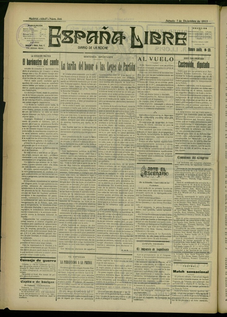 Miniatura de España Libre : Diario de la noche del 7 de diciembre de 1912, nº 546