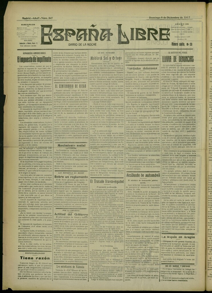 Miniatura de España Libre : Diario de la noche del 8 de diciembre de 1912, nº 547