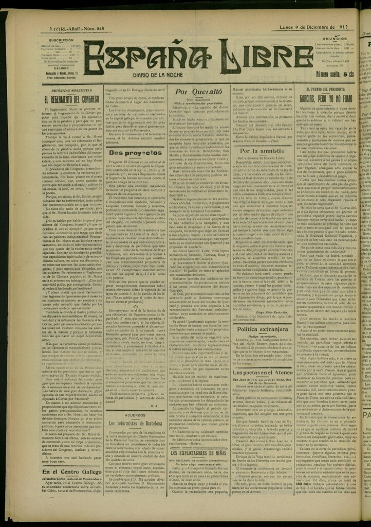 Miniatura de España Libre : Diario de la noche del 9 de diciembre de 1912, nº 548