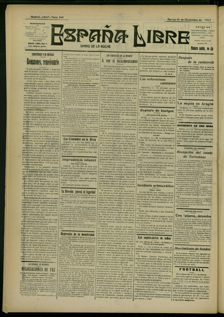 Miniatura de España Libre : Diario de la noche del 10 de diciembre de 1912, nº 549