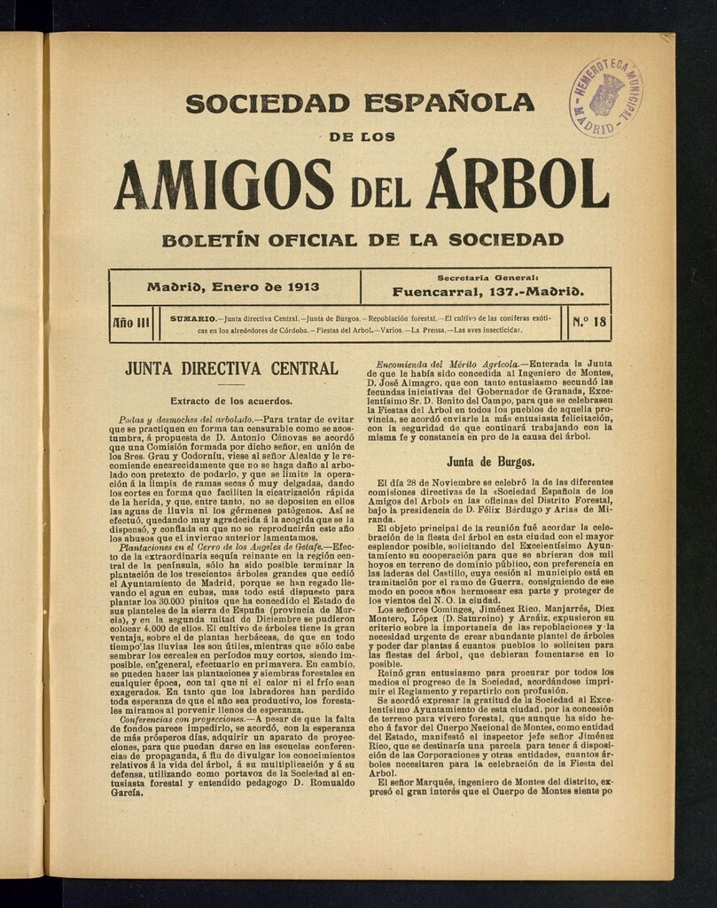 Miniatura de Boletín Comisión organizadora de la Sociedad Española de los amigos del árbol de enero de 1913