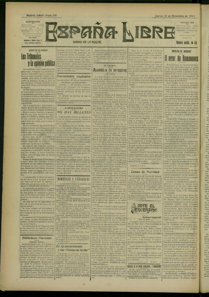 Miniatura de España Libre : Diario de la noche del 12 de diciembre de 1912, nº 551