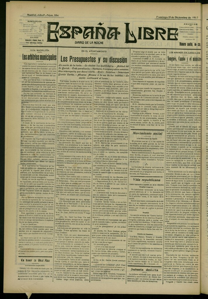 Miniatura de España Libre : Diario de la noche del 15 de diciembre de 1912, nº 554