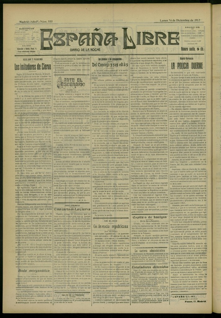 Miniatura de España Libre : Diario de la noche del 16 de diciembre de 1912, nº 555