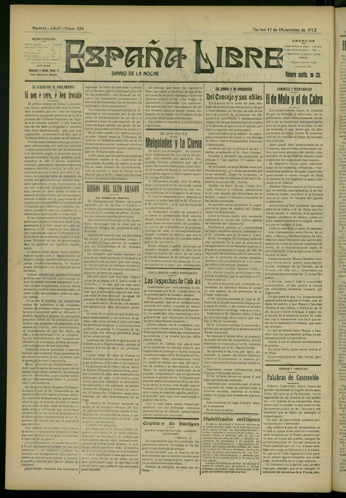 Miniatura de España Libre : Diario de la noche del 17 de diciembre de 1912, nº 556