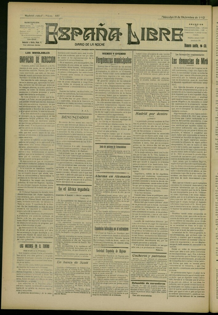 Miniatura de España Libre : Diario de la noche del 18 de diciembre de 1912, nº 557