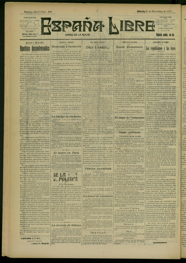 Miniatura de España Libre : Diario de la noche del 21 de diciembre de 1912, nº 560