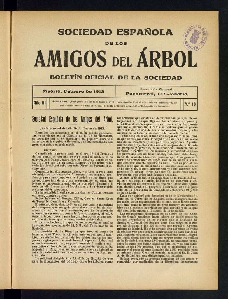 Miniatura de Boletín Comisión organizadora de la Sociedad Española de los amigos del árbol de febrero de 1913