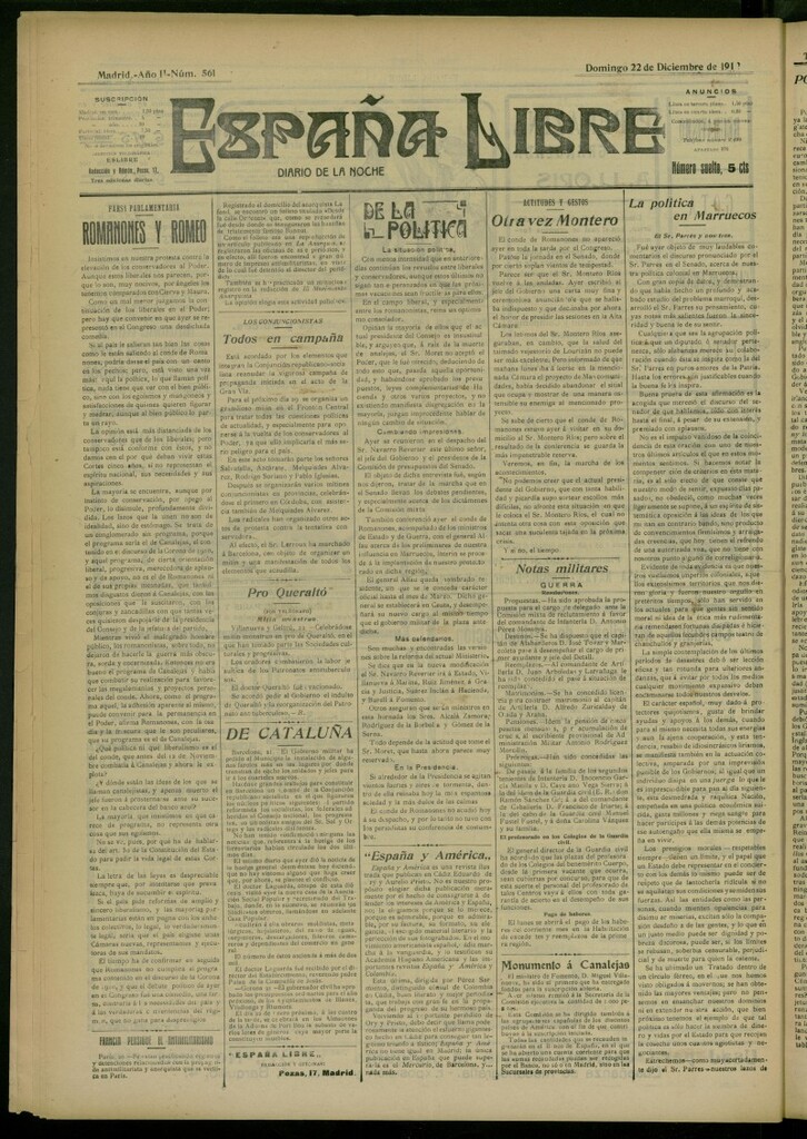 Miniatura de España Libre : Diario de la noche del 22 de diciembre de 1912, nº 561