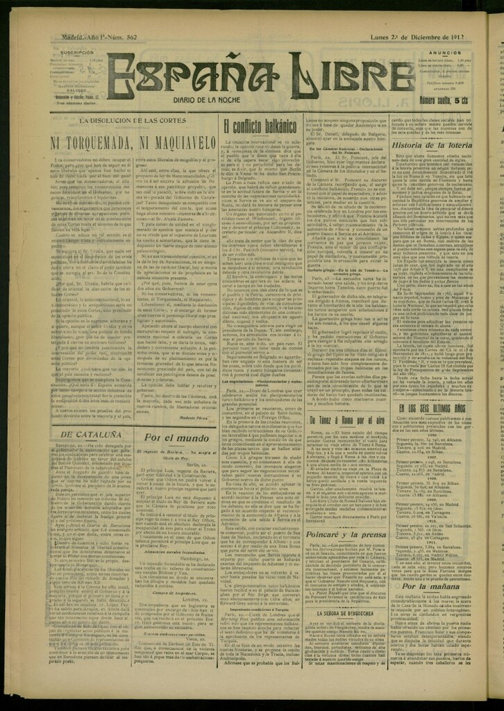 Miniatura de España Libre : Diario de la noche del 23 de diciembre de 1912, nº 562