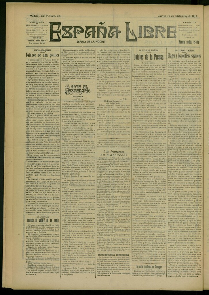 Miniatura de España Libre : Diario de la noche del 26 de diciembre de 1912, nº 564