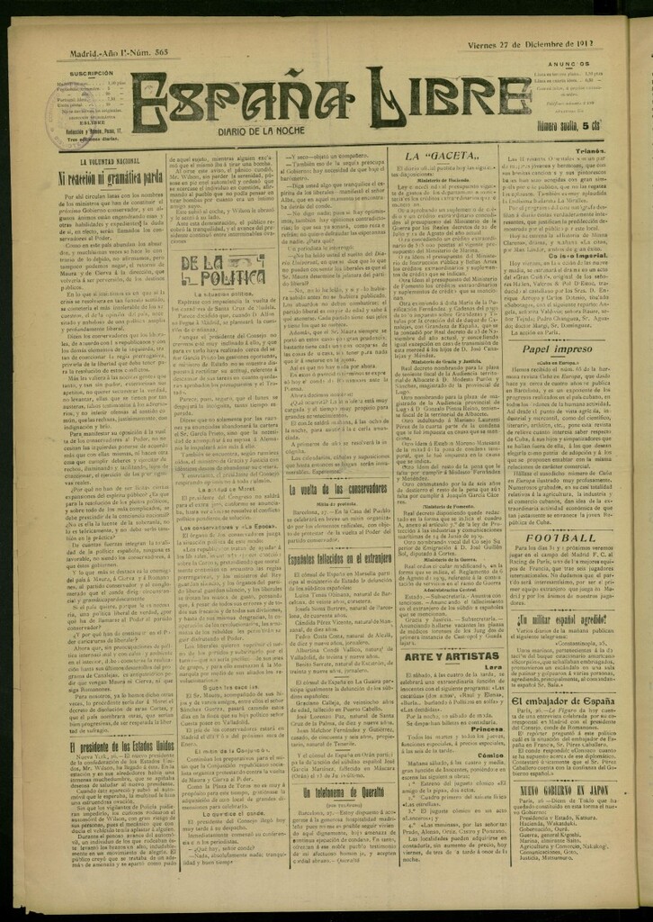 Miniatura de España Libre : Diario de la noche del 27 de diciembre de 1912, nº 565